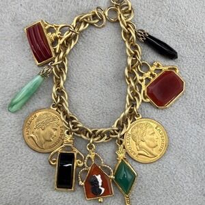 Vintage Heraldic Charm Bracelet Roman Gold Tone 7"